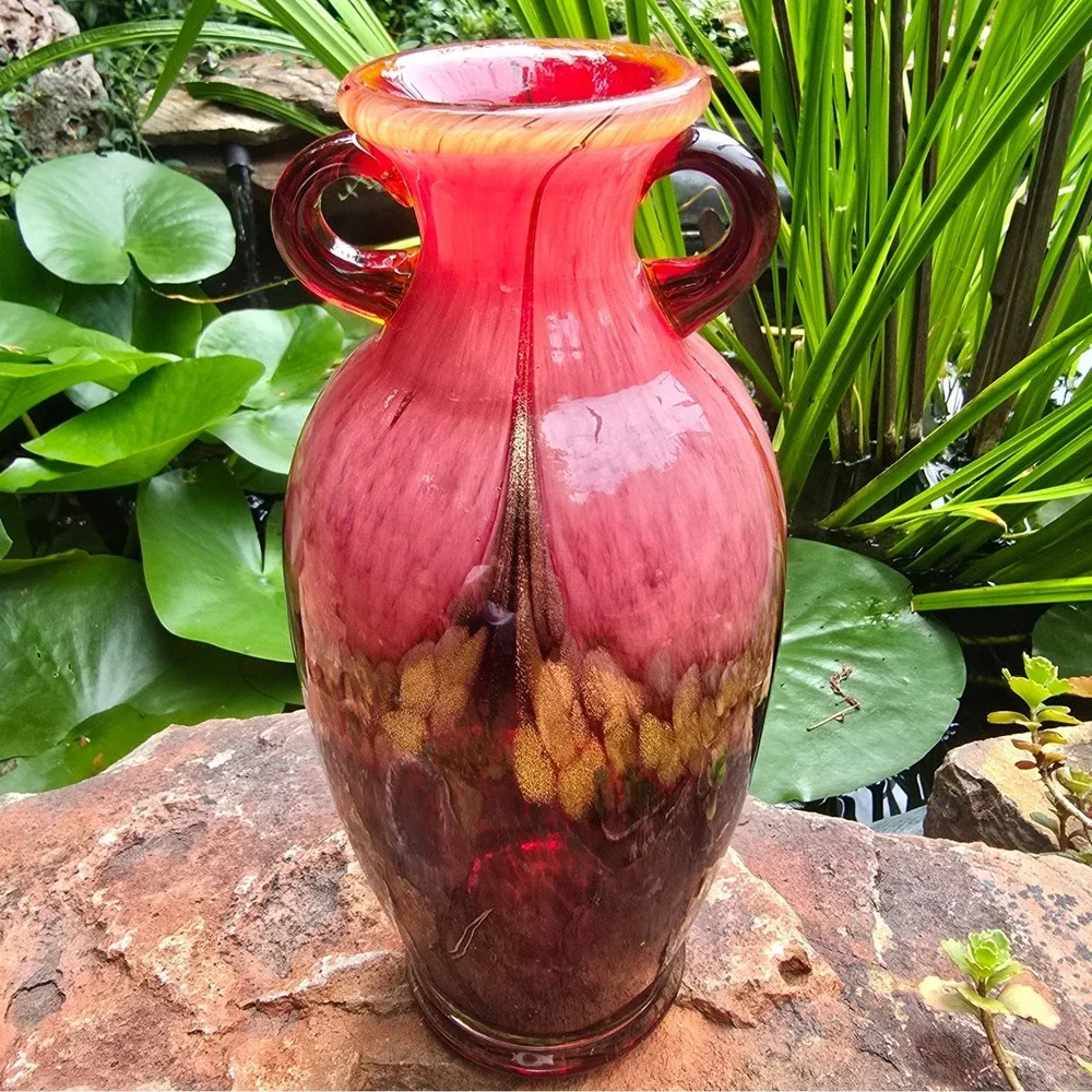 Hand Blown Double Handle Amphora Art Glass Vase Red Gold Green Aventurine 10in